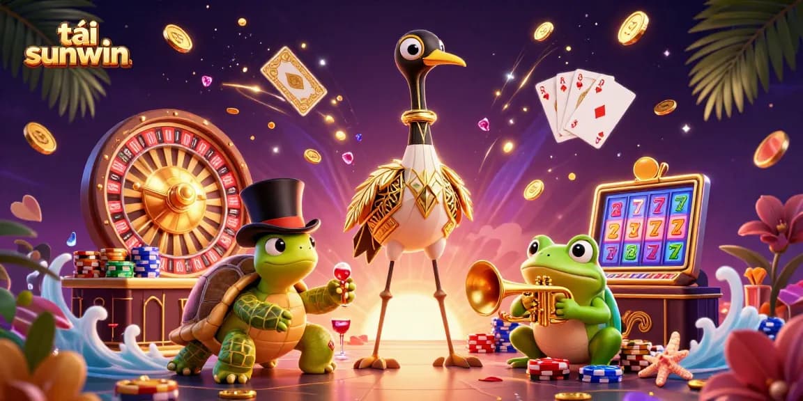 Experience vibrant gaming action with tải sunwin, featuring a lively 3D scene of a crane, turtle, and frog in a casino.