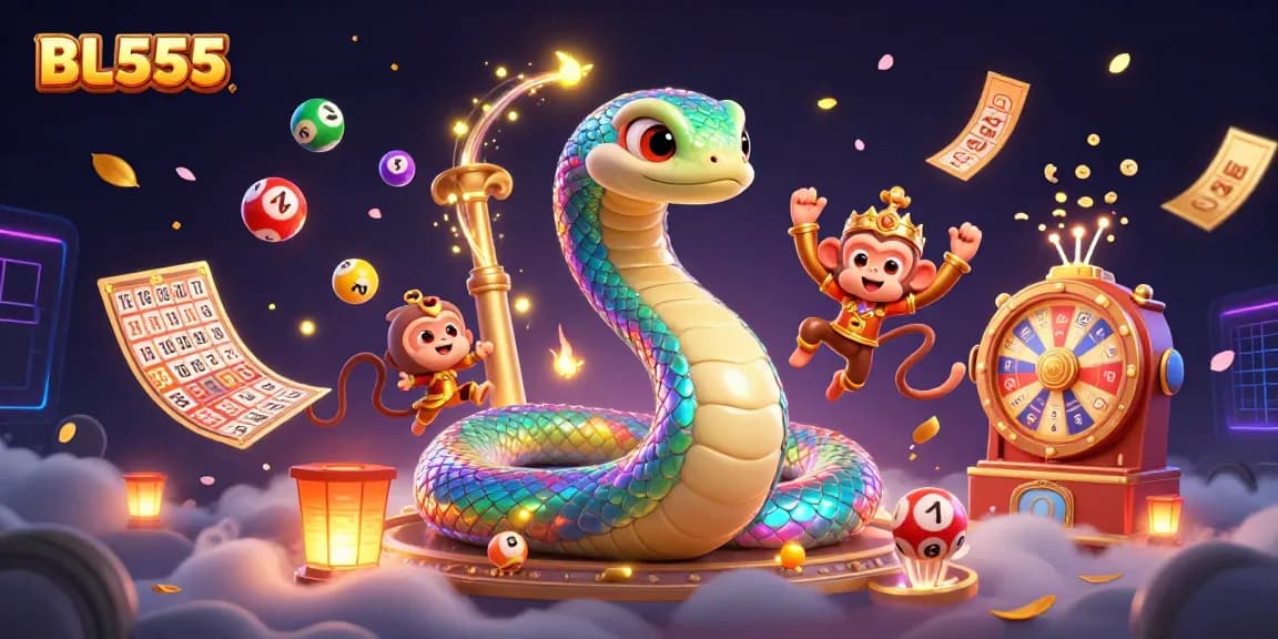 Engage with the colorful world of BL555 featuring a vibrant 3D serpent, monkey king, and lively lottery elements.