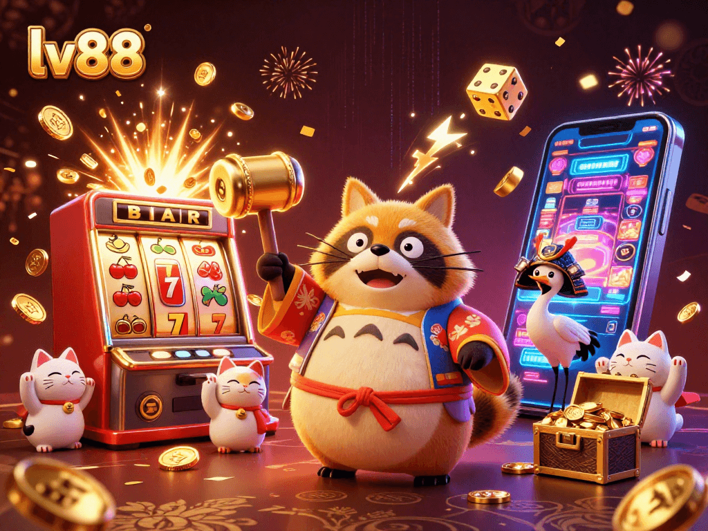 Experience the thrilling slots at lv88 with a cheerful tanuki and lucky symbols bursting with excitement.