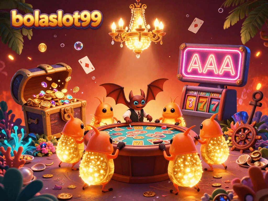 Bolaslot99 illuminates a vibrant casino scene with glowworm characters, spinning slot reels, and treasure-filled chests.
