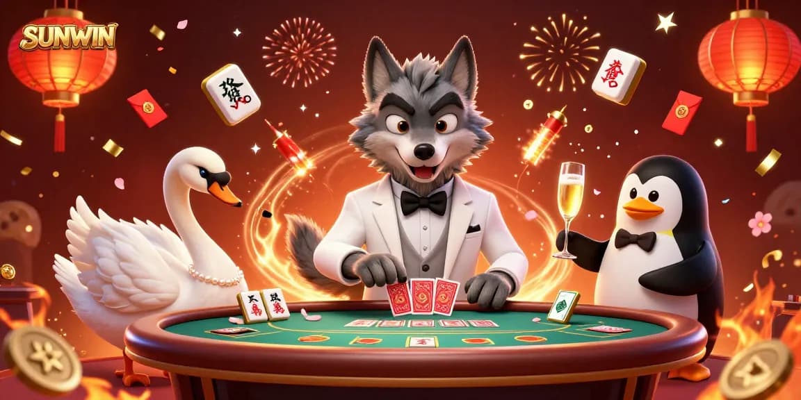 SUNWIN showcases a dynamic casino scene with a debonair wolf, swan dealer, and penguin sommelier