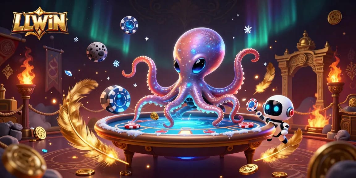 LLWIN features a dynamic alien octopus at a poker table, showcasing an exciting casino atmosphere.