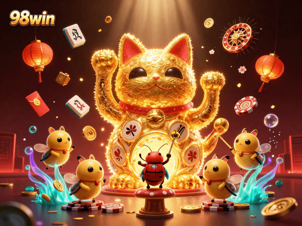 Engage in thrilling gameplay at 98win with captivating visuals of a lucky cat made of fireflies amidst vibrant casino symbols.