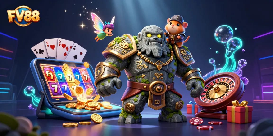 Experience the thrilling games at FV88 featuring a golem guardian, a magical fairy, and a hamster knight.