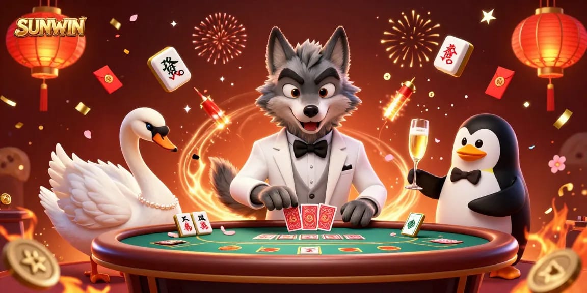 SUNWIN showcases a dynamic casino scene with a debonair wolf, swan dealer, and penguin sommelier