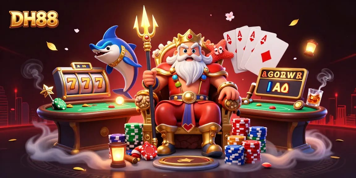 Experience the excitement of DH88 with jackpot slots and poker action in a vibrant 3D illustration.