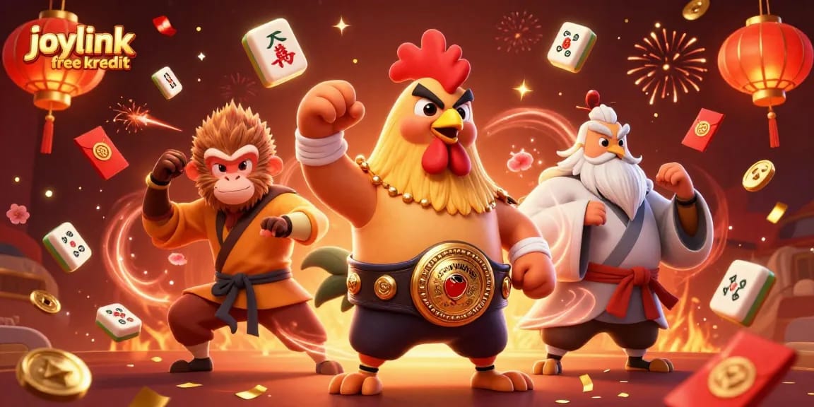 Experience joylink free kredit in a vibrant casino scene with themed characters and festive elements.