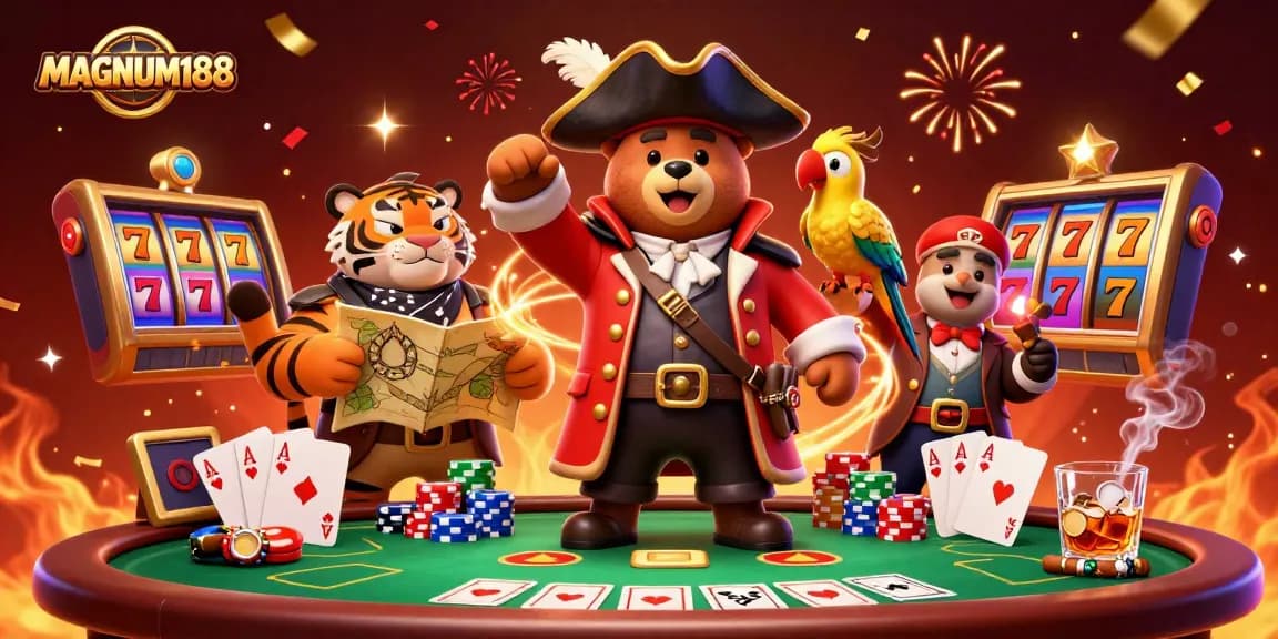 Experience the excitement of MAGNUM188 with thrilling slot reels and poker action in a vibrant casino scene.