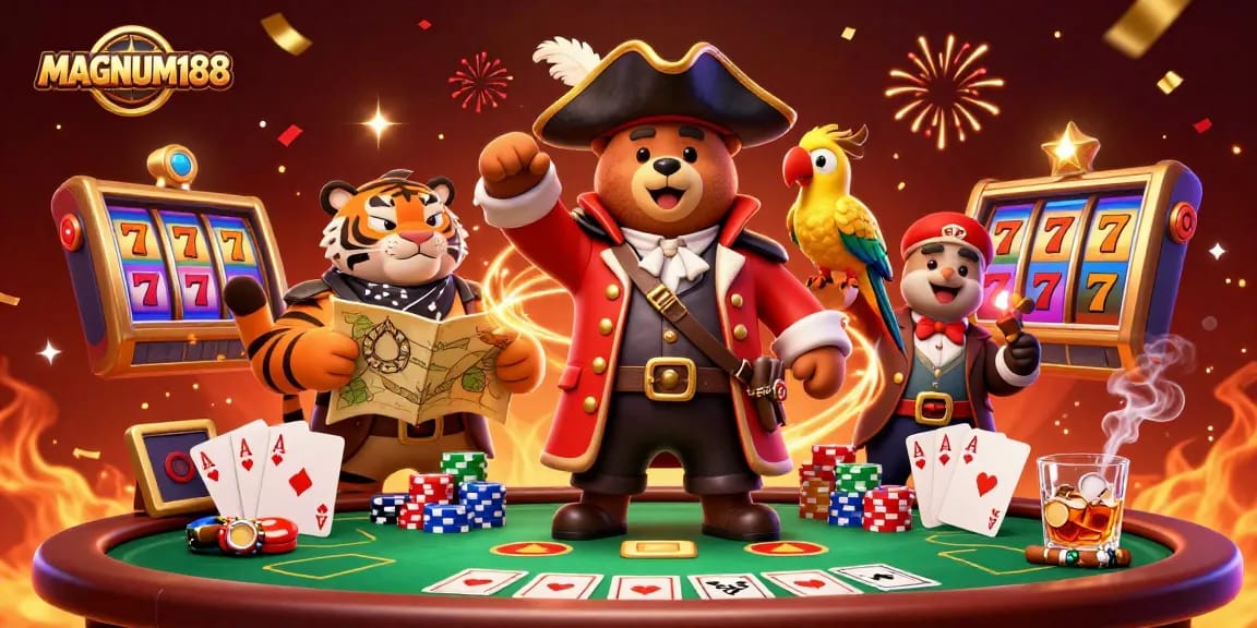 Experience the excitement of MAGNUM188 with thrilling slot reels and poker action in a vibrant casino scene.