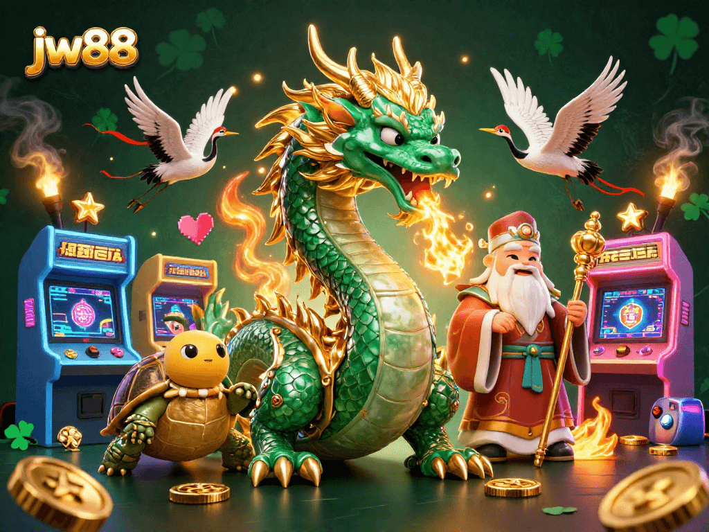 Win big at jw88 with a dynamic scene featuring dragons, turtles, and cranes in a vibrant casino setting.