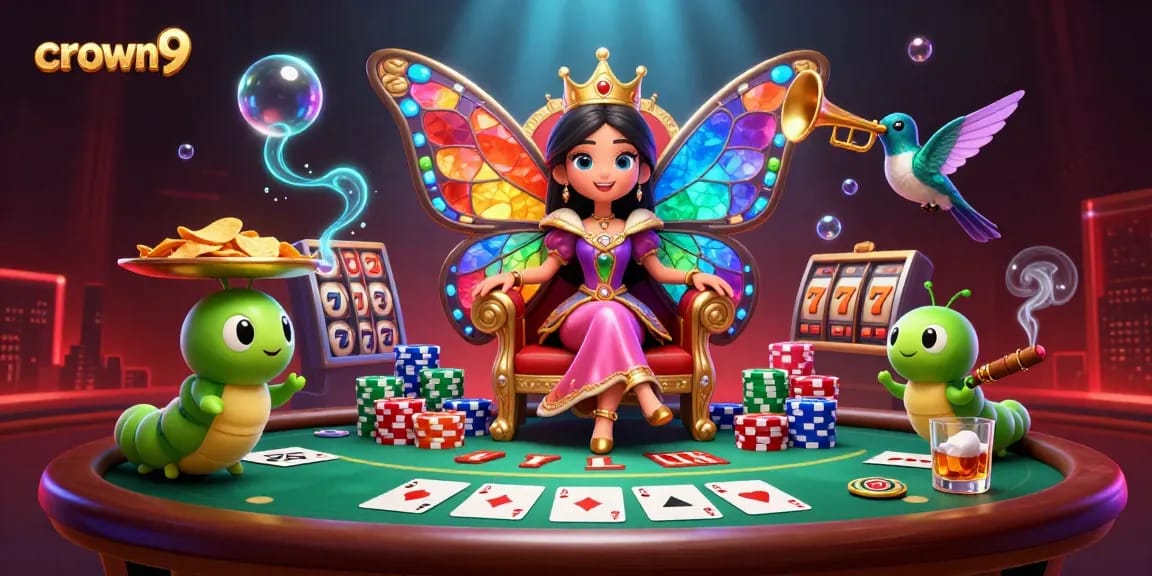 Crown9 games come alive in a vibrant 3D scene featuring a butterfly queen, poker elements, and slot symbols.