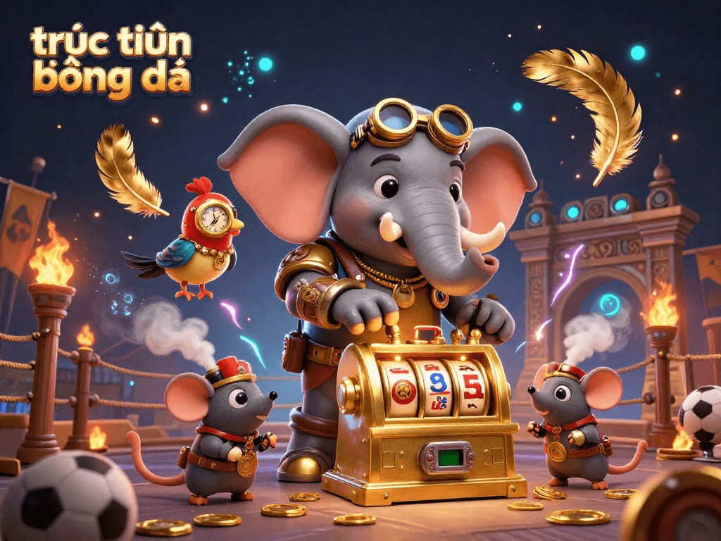 Engaging scene of trực tiếp bóng đá with steampunk elephant engineer and exciting stadium elements.