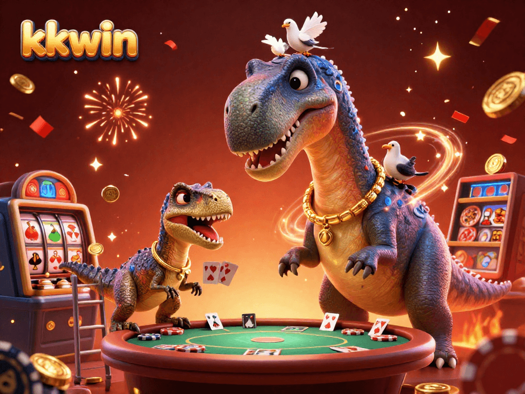 kkwin's vibrant casino scene featuring a playful dinosaur dealer amidst poker tables.