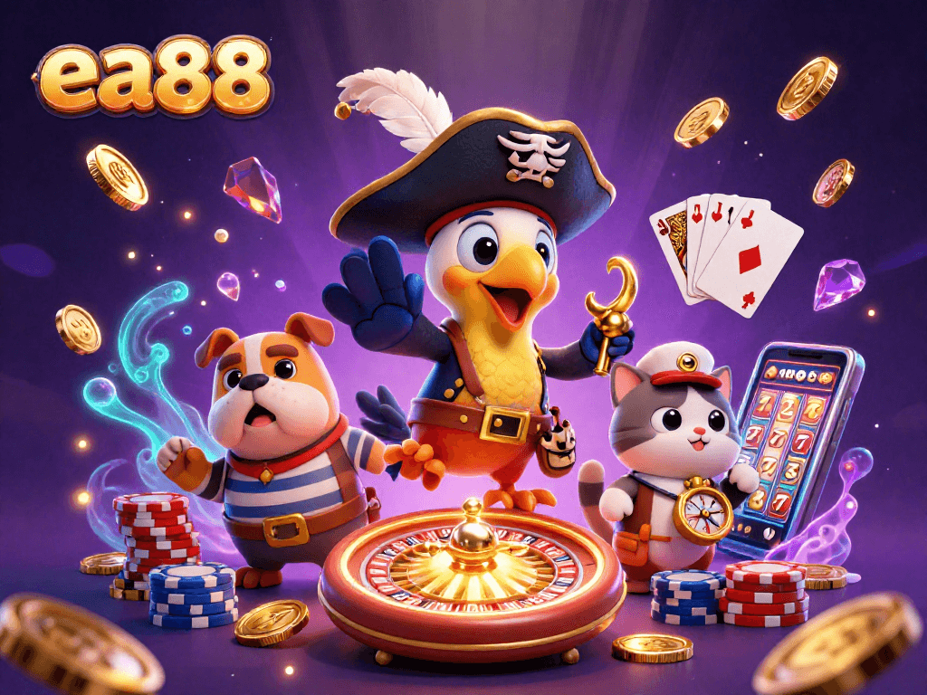 Experience thrilling gaming at ea88 with pirate characters and vibrant casino elements!