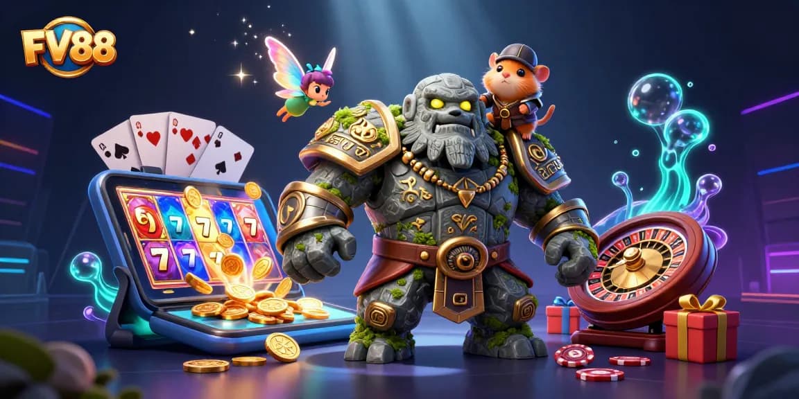 Experience the thrilling games at FV88 featuring a golem guardian, a magical fairy, and a hamster knight.