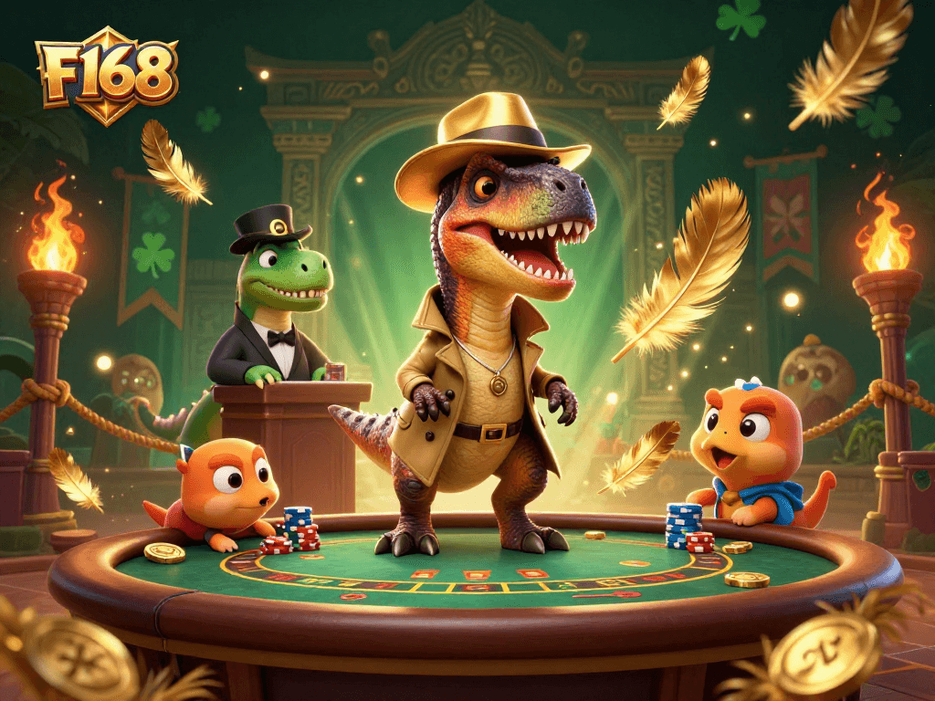 Experience thrilling gameplay at F168's blackjack table with vibrant 3D cartoon characters and dynamic casino elements.