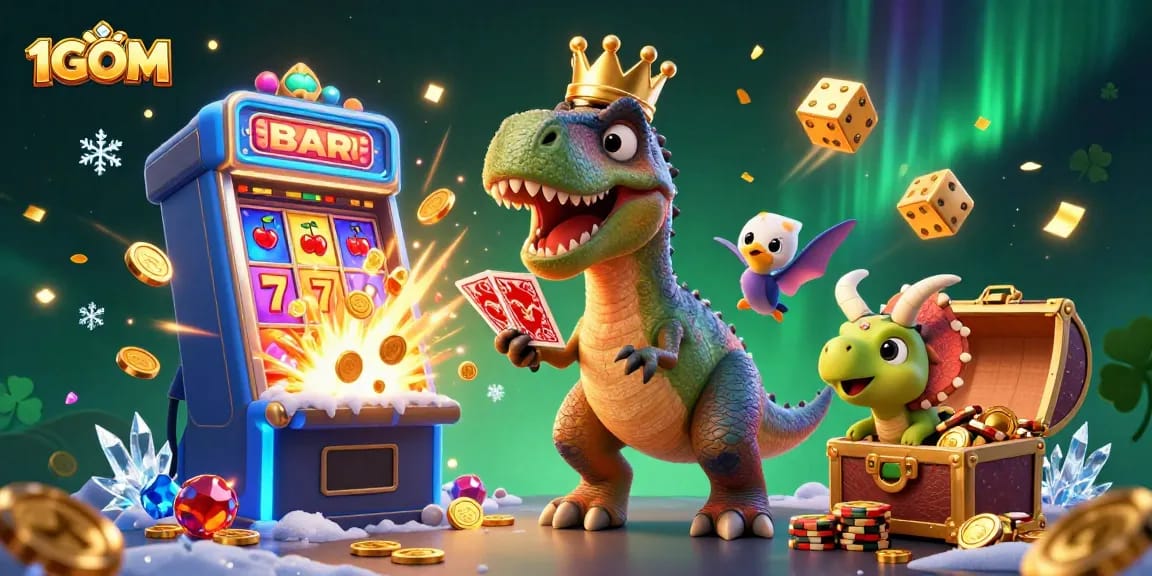 Experience excitement with 1GOM's animated casino scene featuring dynamic slot machines and friendly dinosaurs.