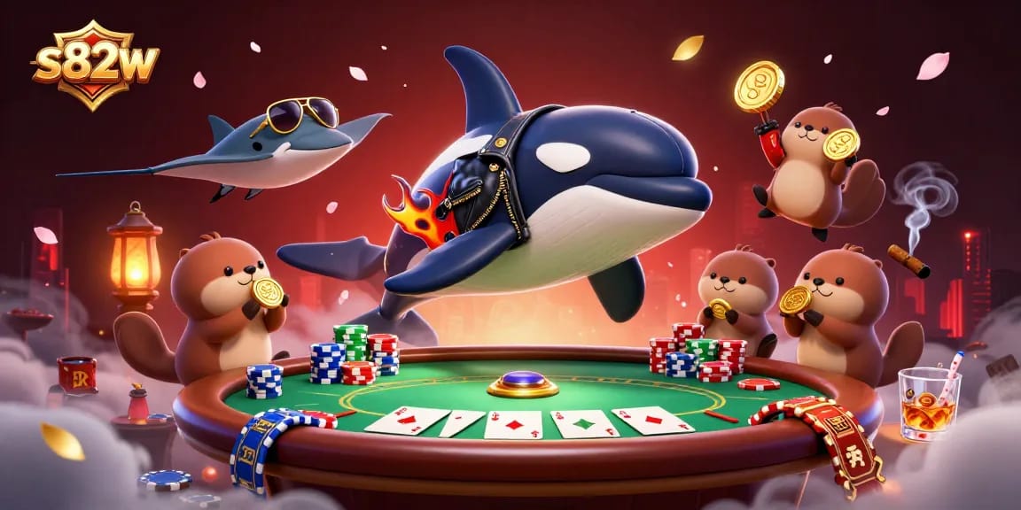 Engage with the bustling gambling atmosphere of s82w featuring vibrant poker action with sea-themed characters.