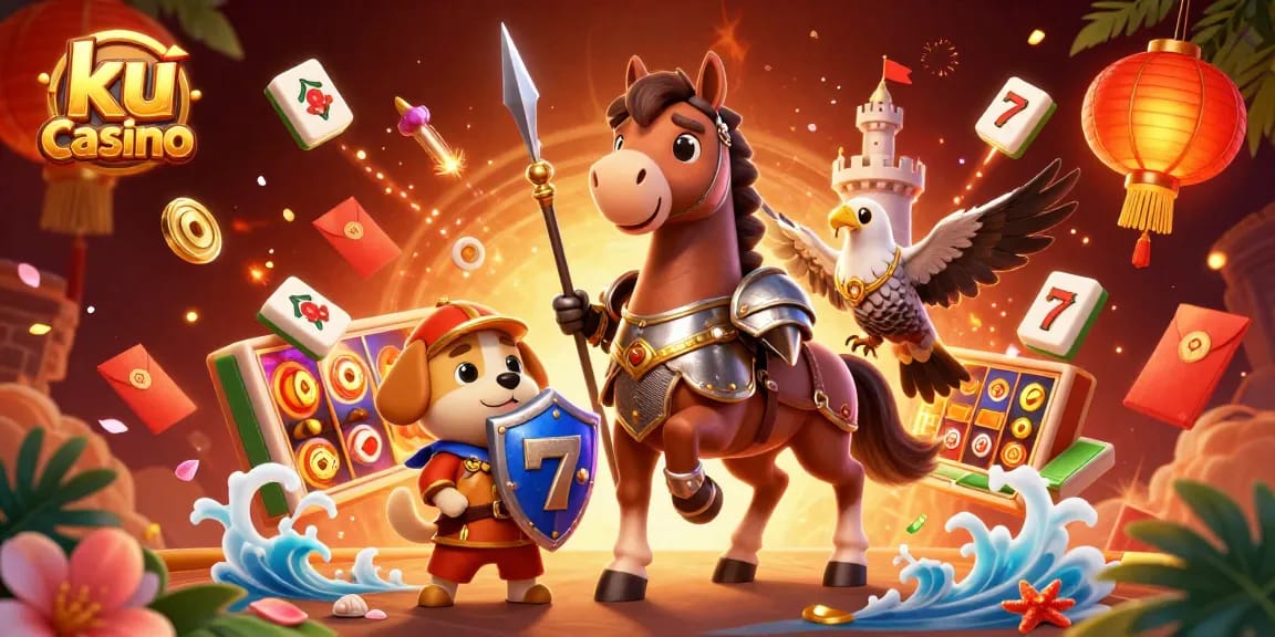 Experience exciting wins at ku casino with the animated knight and puppy in a vibrant gaming scene.