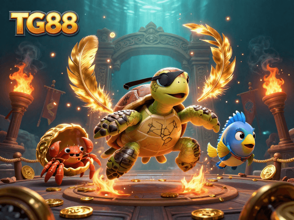 Engage with TG88's thrilling casino experience featuring vibrant underwater characters amidst swirling treasures.