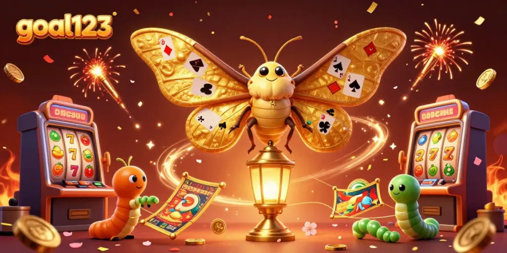 Engaging illustration of goal123 showcasing a charismatic atlas moth and vibrant casino elements like slot machines.