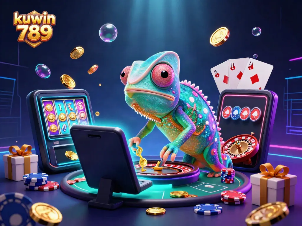 Engage with exciting games at kuwin 789, featuring a vibrant casino scene with a chameleon owner.