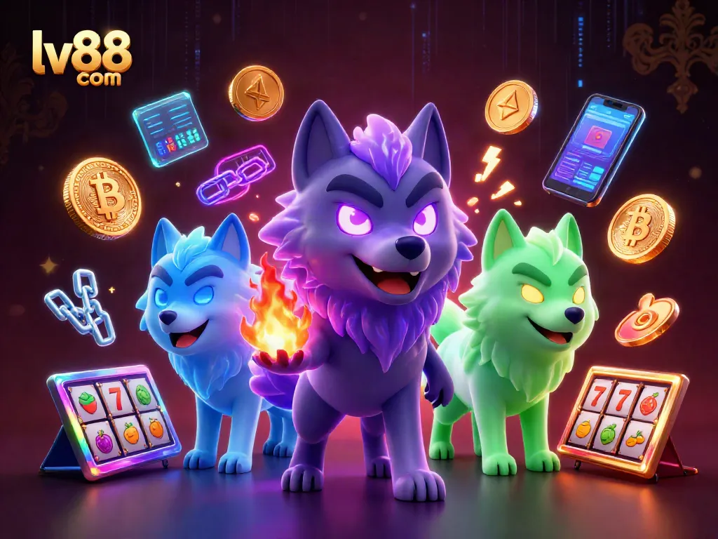 Win big at lv88 com with a thrilling digital casino scene featuring dynamic slot games and spirited wolf characters.