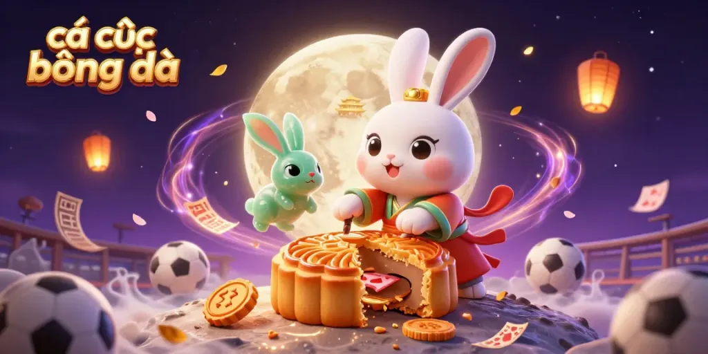 Engage in cá cược bóng đá with a vibrant scene featuring a moon rabbit and sports betting elements.