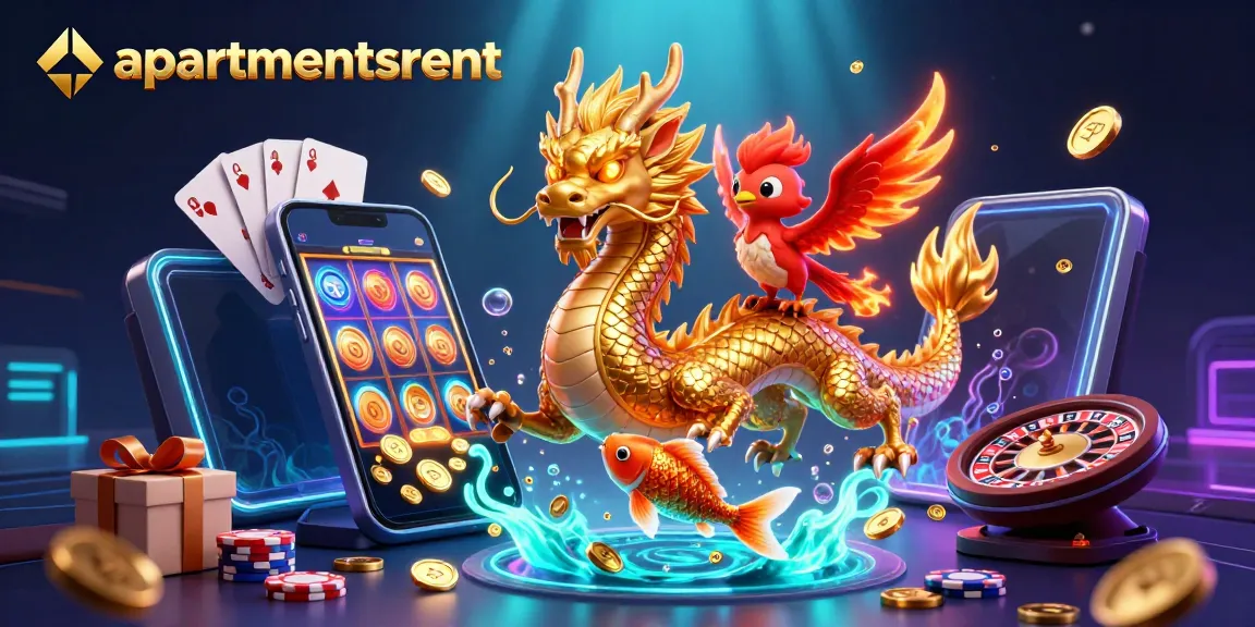 Permainan slot menarik di apartmentsrent dengan ikan koi emas melompat di antara koin yang jatuh.