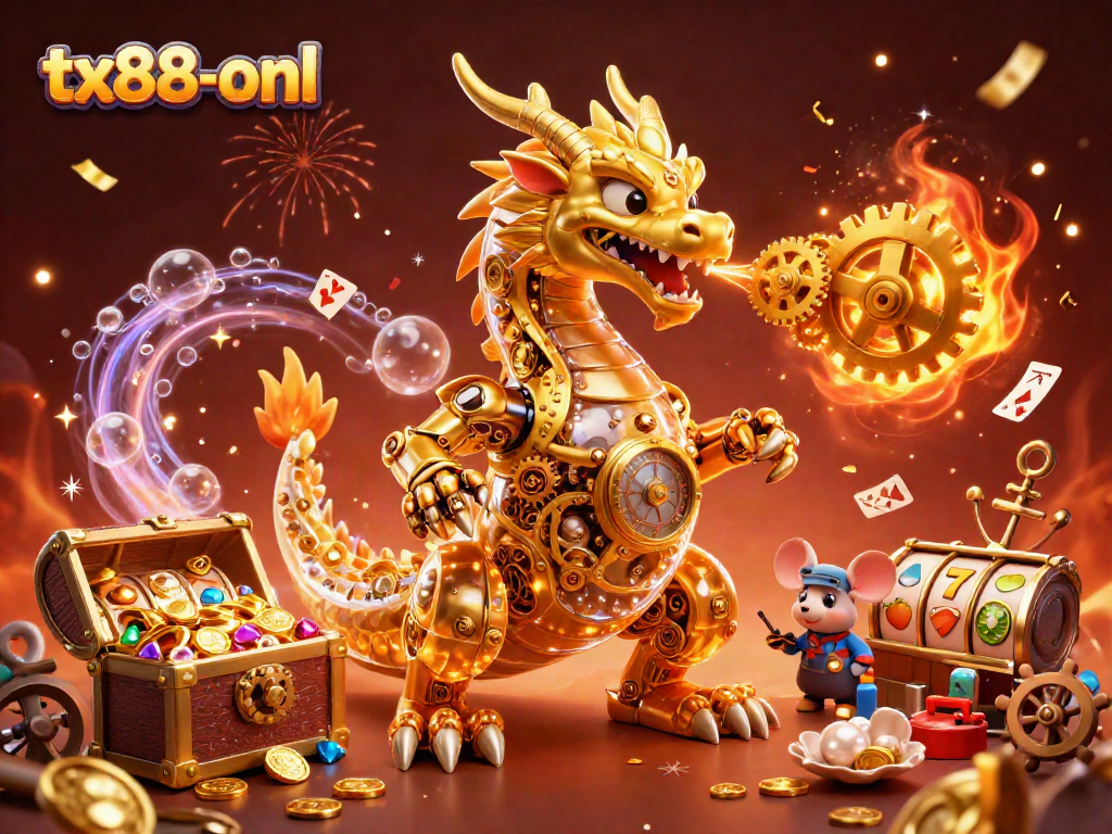 Engage with tx88-onl gameplay as a golden dragon breathes gears amidst casino elements for thrilling adventures.