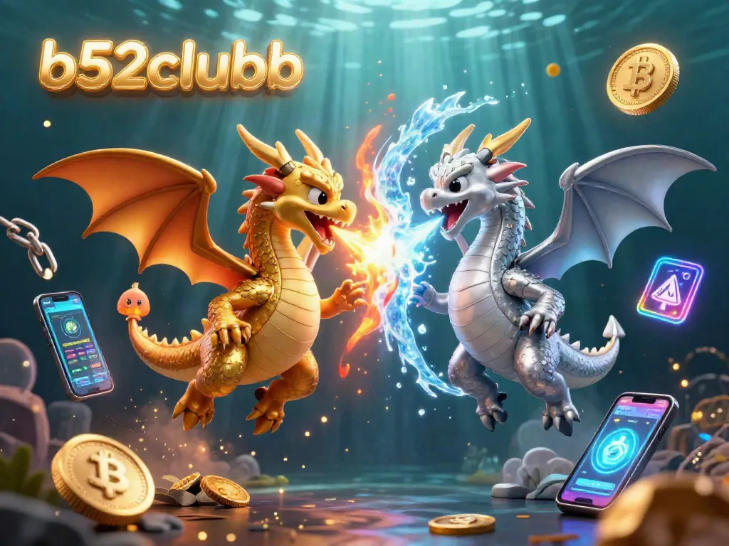 Engage in thrilling action with b52clubb amidst gold and silver dragons, Bitcoin, and Ethereum elements.