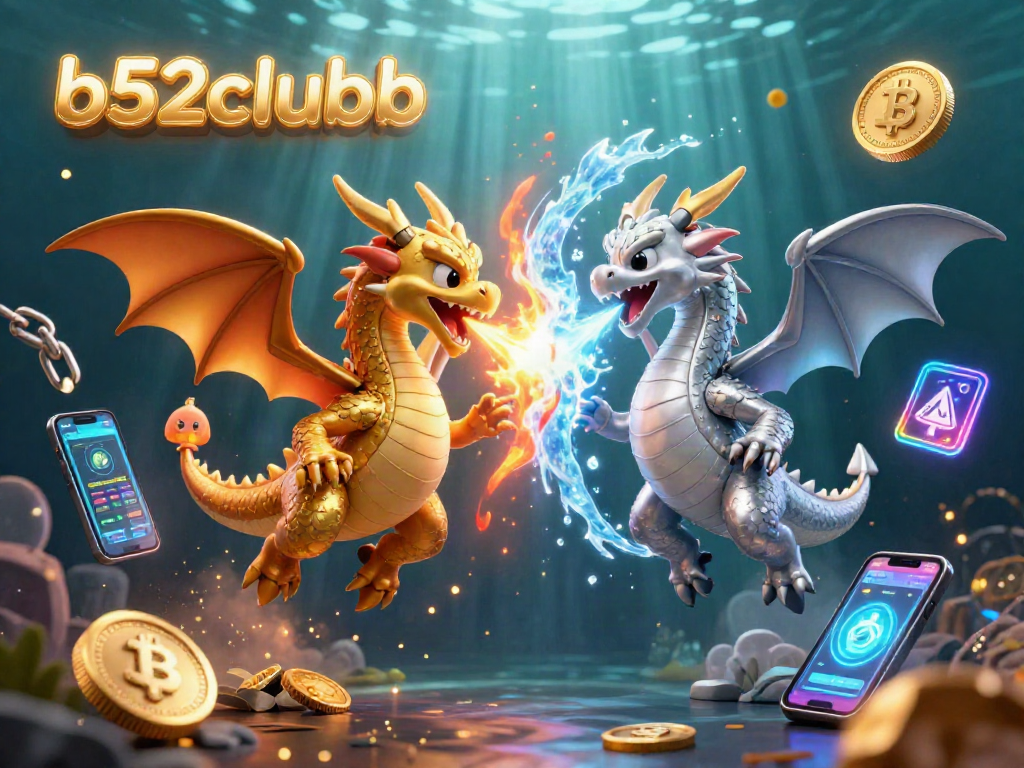 Engage in thrilling action with b52clubb amidst gold and silver dragons, Bitcoin, and Ethereum elements.
