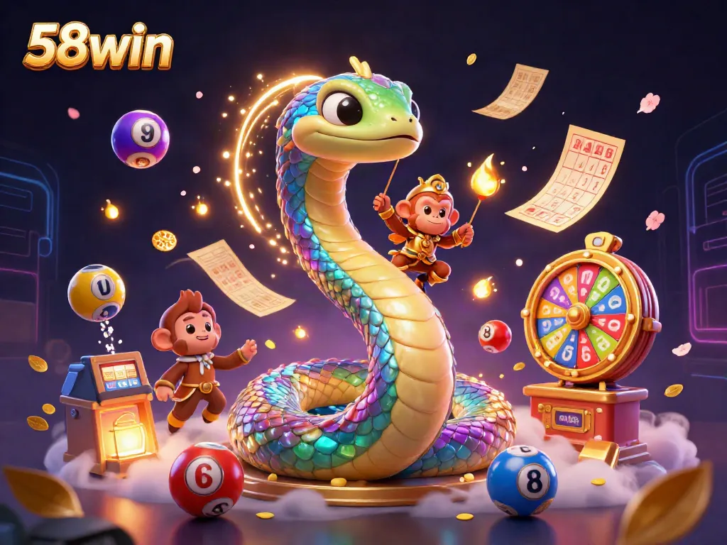 Engage with the dynamic 58win casino scene, featuring a playful monkey king and a rainbow serpent.