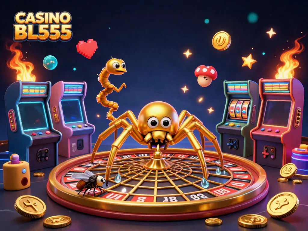 CASINO BL555 features a golden spider spinning a roulette wheel web with a centipede croupier in a vibrant digital illustration.