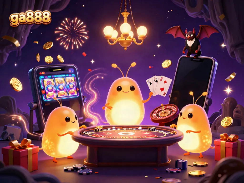 Experience the thrill at ga888 with glowing characters lighting a vibrant casino filled with games.