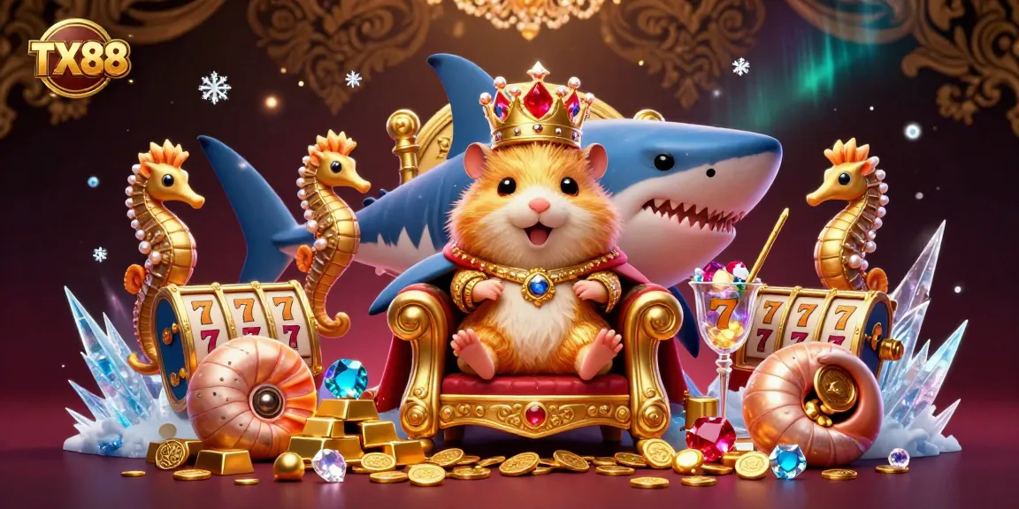 Engage with TX88's vibrant casino scene featuring a golden hamster king on a megalodon throne, surrounded by treasures and game elements.