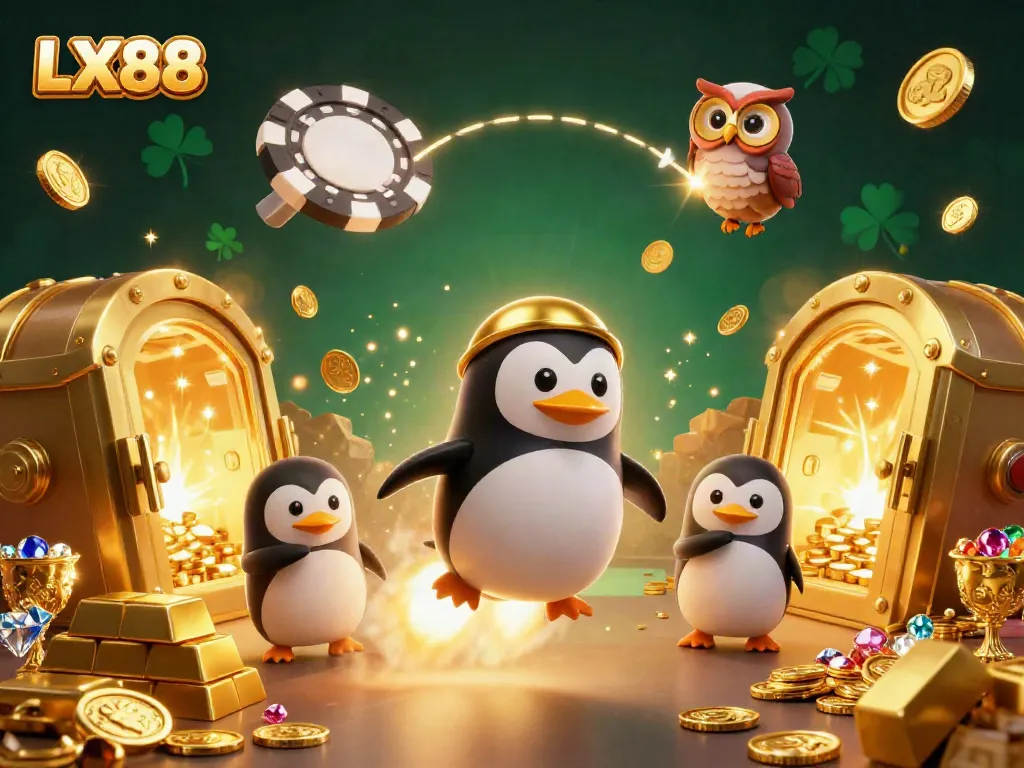 Experience the excitement of LX88 casino adventures with a golden penguin in a vibrant 3D illustration.