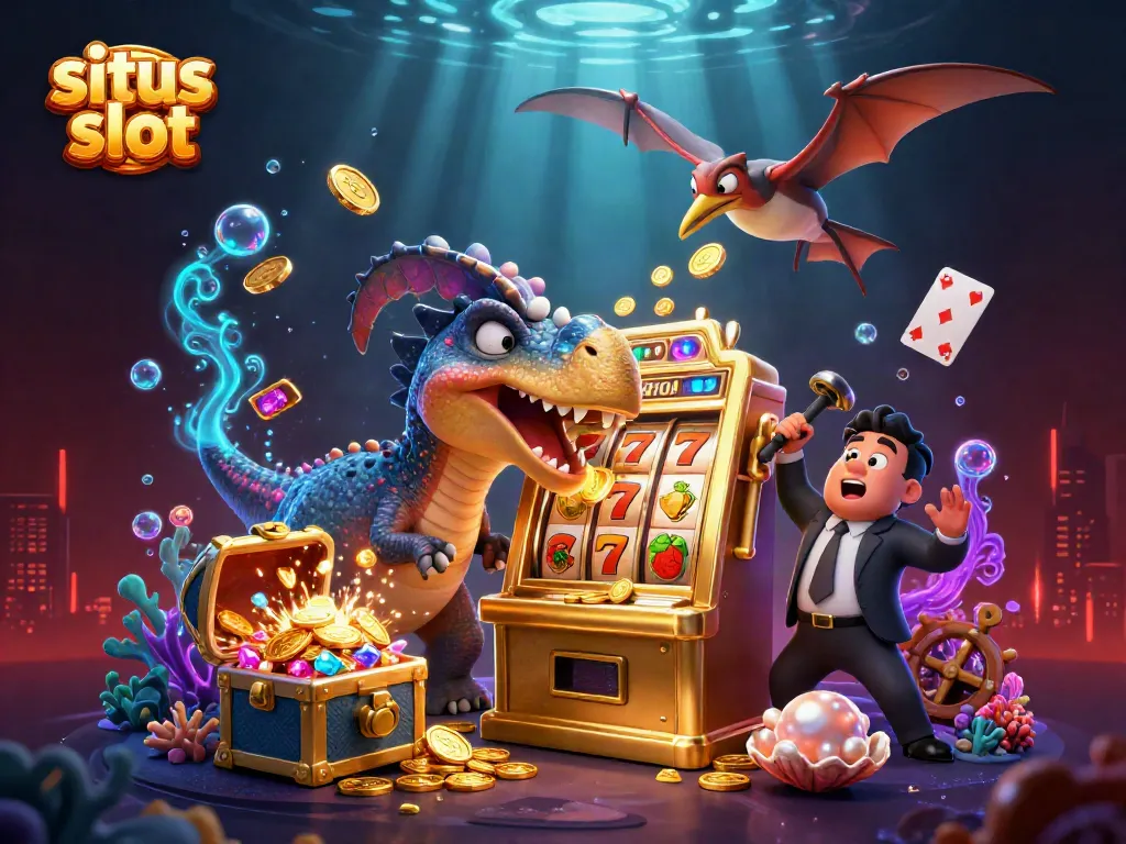 Situs slot features a pachycephalosaurus hitting a golden machine for jackpot coins amidst underwater treasures.