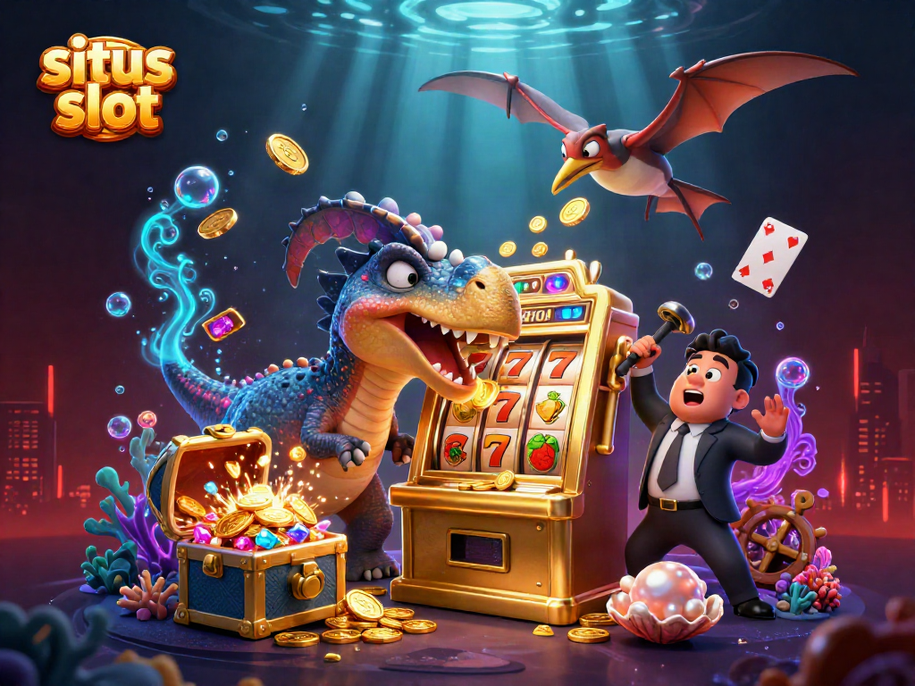 Situs slot features a pachycephalosaurus hitting a golden machine for jackpot coins amidst underwater treasures.
