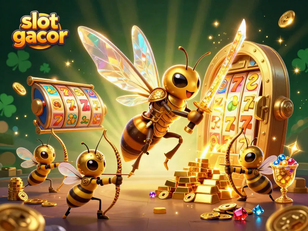 Experience the excitement of slot gacor as a giant golden hornet battles amid a treasure-filled scene with vibrant symbols.