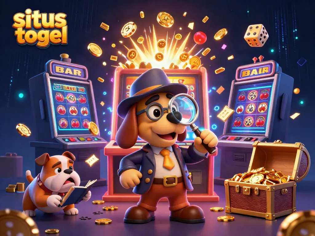 Embark on situs togel excitement with a detective bloodhound and bulldog amidst casino treasures.