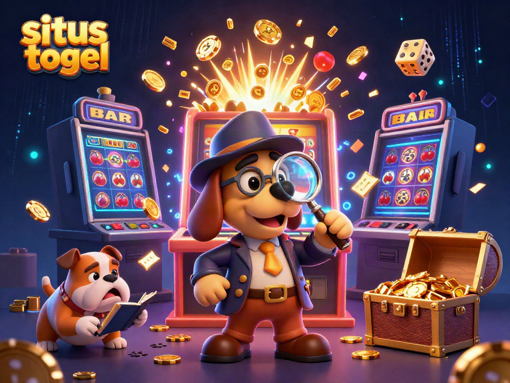 Embark on situs togel excitement with a detective bloodhound and bulldog amidst casino treasures.