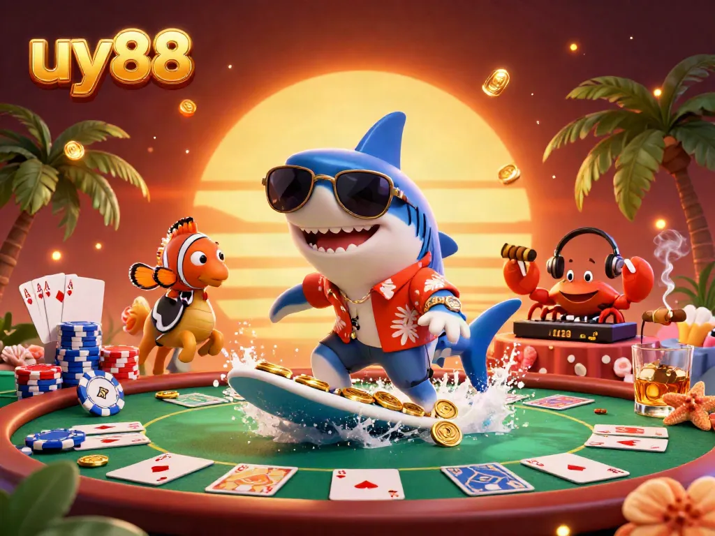 Experience thrilling gaming action with uy88’s vibrant 3D casino illustration, featuring iconic characters and poker elements.