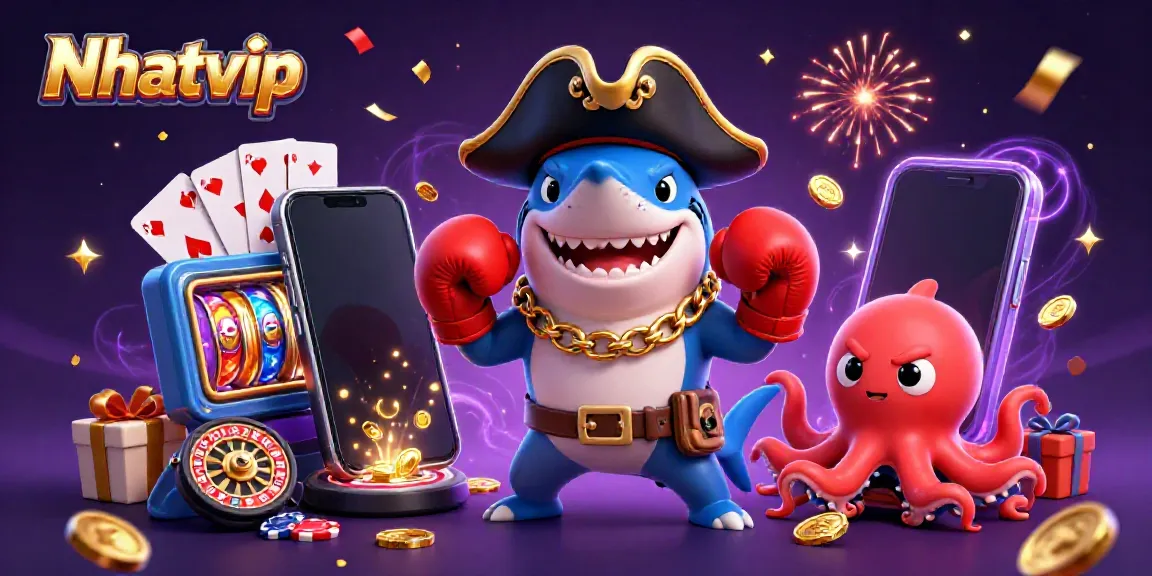 Nhatvip pirate shark and friends celebrate winning in a vibrant casino scene.