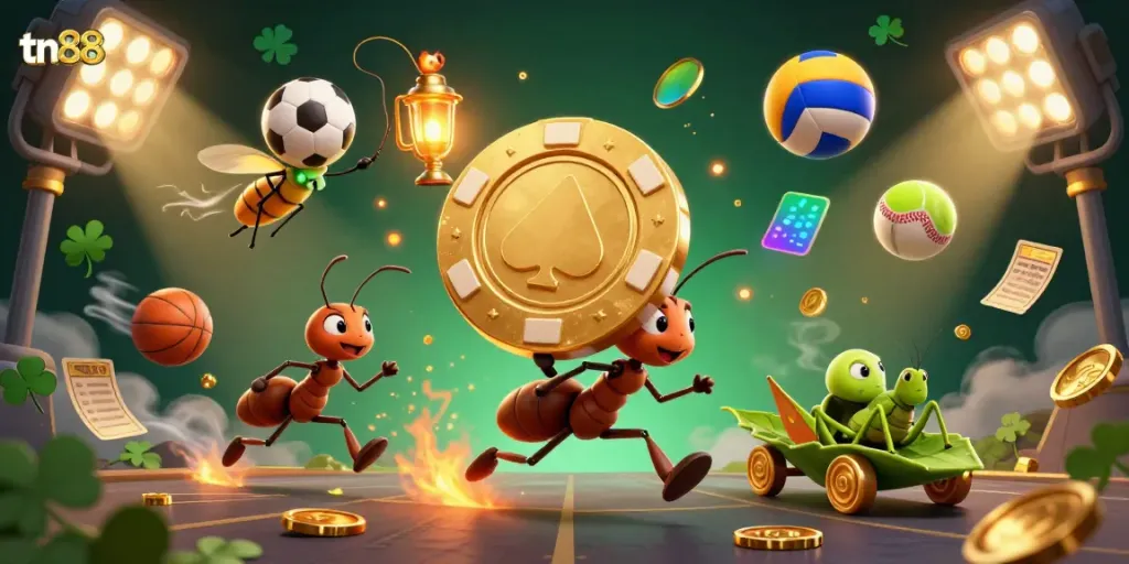 Engage with tn88 as cartoon ants execute a heist with a giant poker chip amid dynamic sports elements.