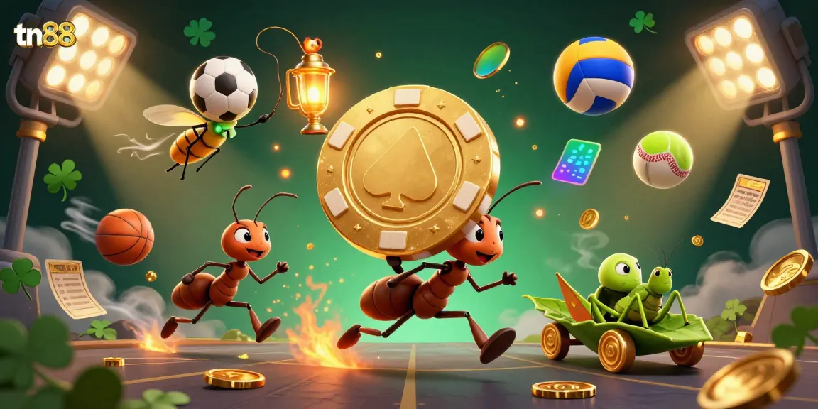 Engage with tn88 as cartoon ants execute a heist with a giant poker chip amid dynamic sports elements.