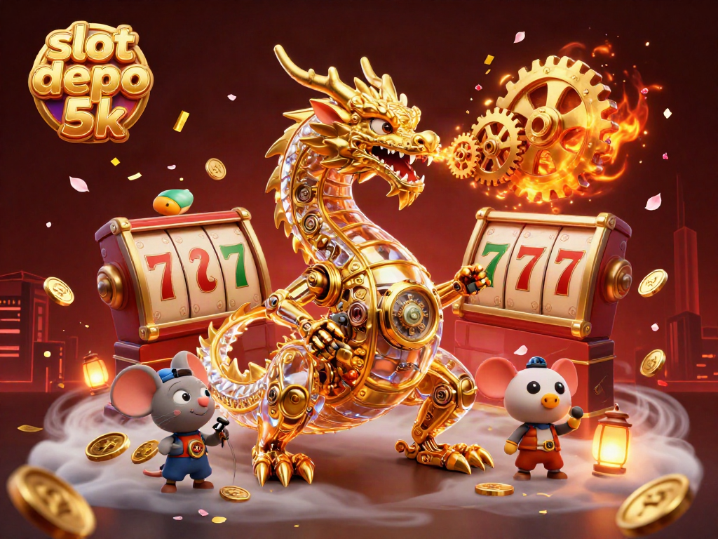 Engage with slot depo 5k in a dynamic scene featuring a golden dragon and vibrant casino elements.