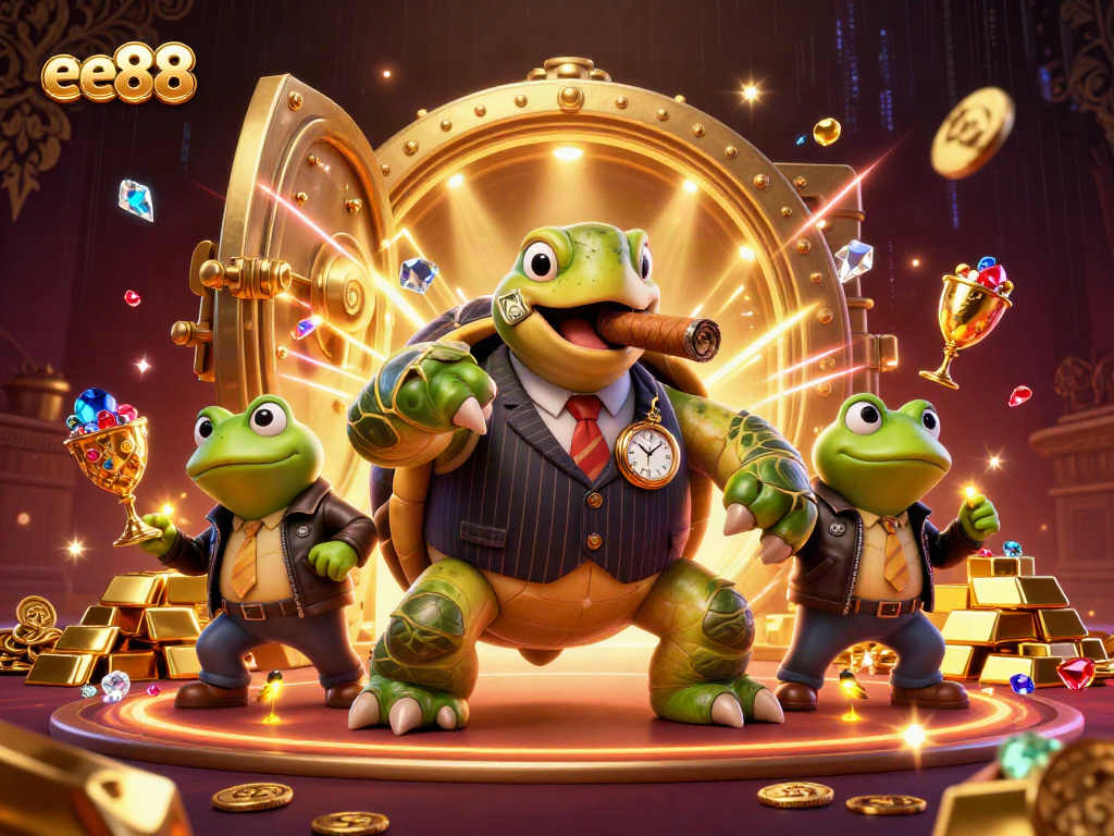 Play exciting casino games at ee88 with our vibrant cartoon-style scene featuring unique characters and treasures.