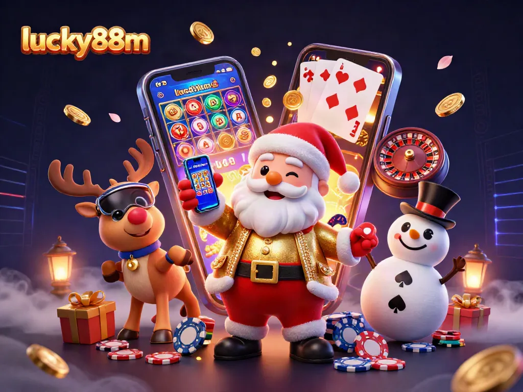 Immerse in exciting gambling action at lucky88m with a festive illustration featuring Santa and casino elements.