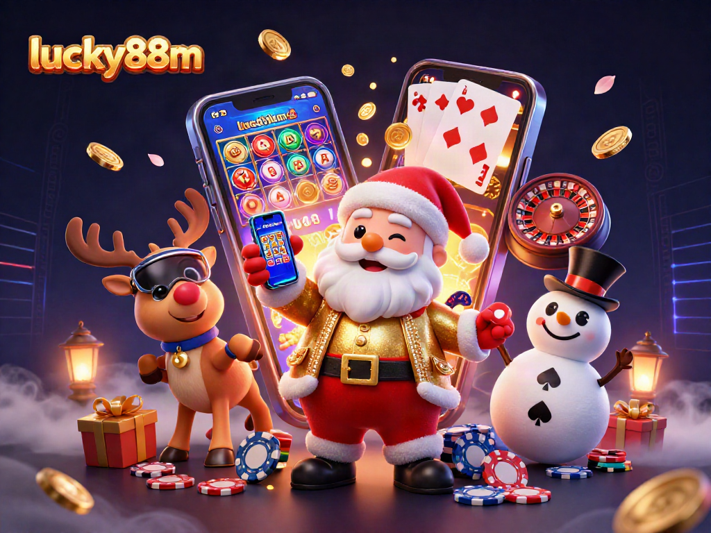 Immerse in exciting gambling action at lucky88m with a festive illustration featuring Santa and casino elements.